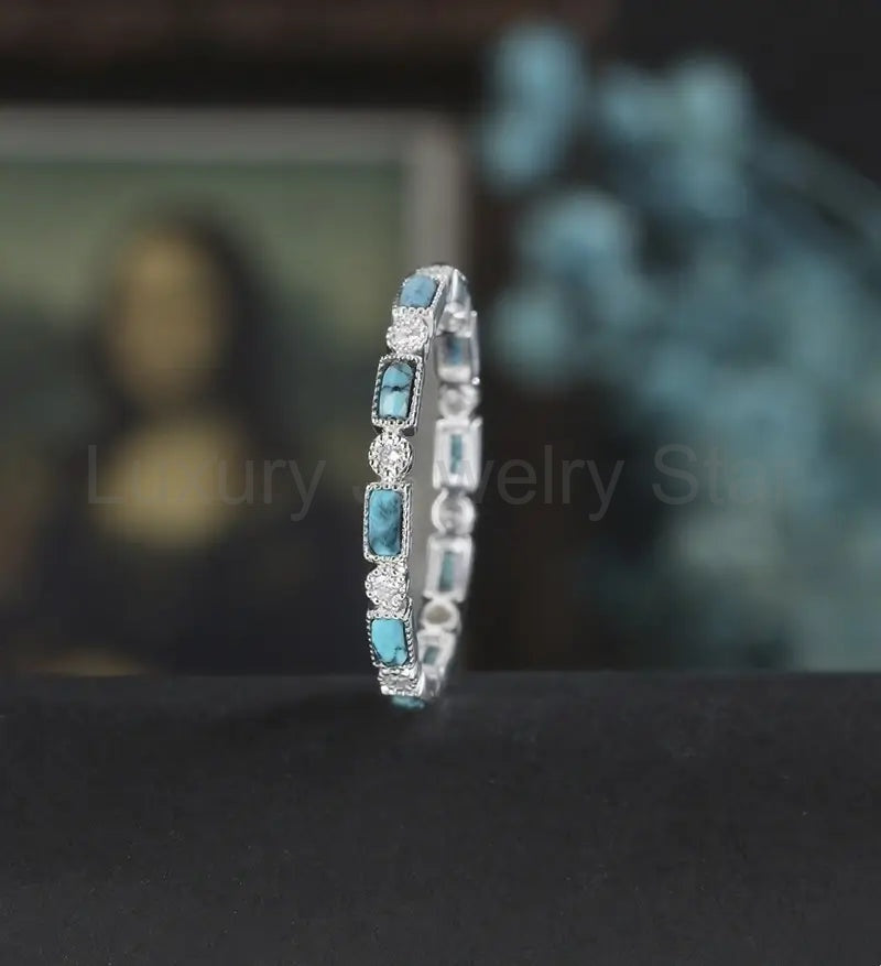 Baguette Cut Turquoise Wedding Band Full Eternity Moissanite White Gold Wedding Ring - image 4