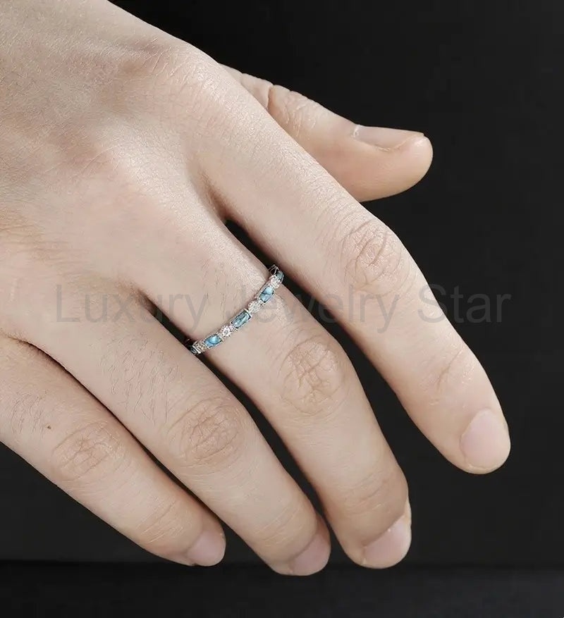 Baguette Cut Turquoise Wedding Band Full Eternity Moissanite White Gold Wedding Ring - image 5