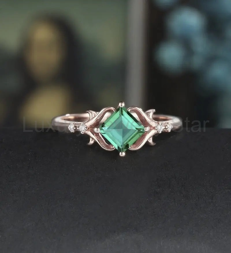 Princess Cut Lab Emerald Engagement Ring Art Deco Moissanite Anniversary Ring Prong Set Diamond