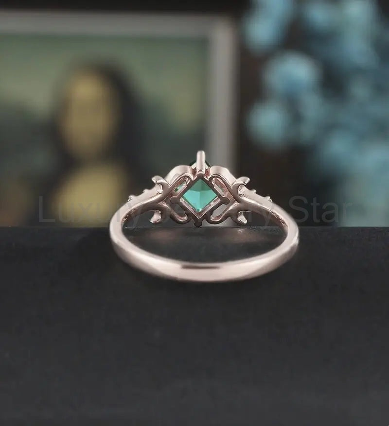Princess Cut Lab Emerald Engagement Ring Art Deco Moissanite Anniversary Ring Prong Set - image 3