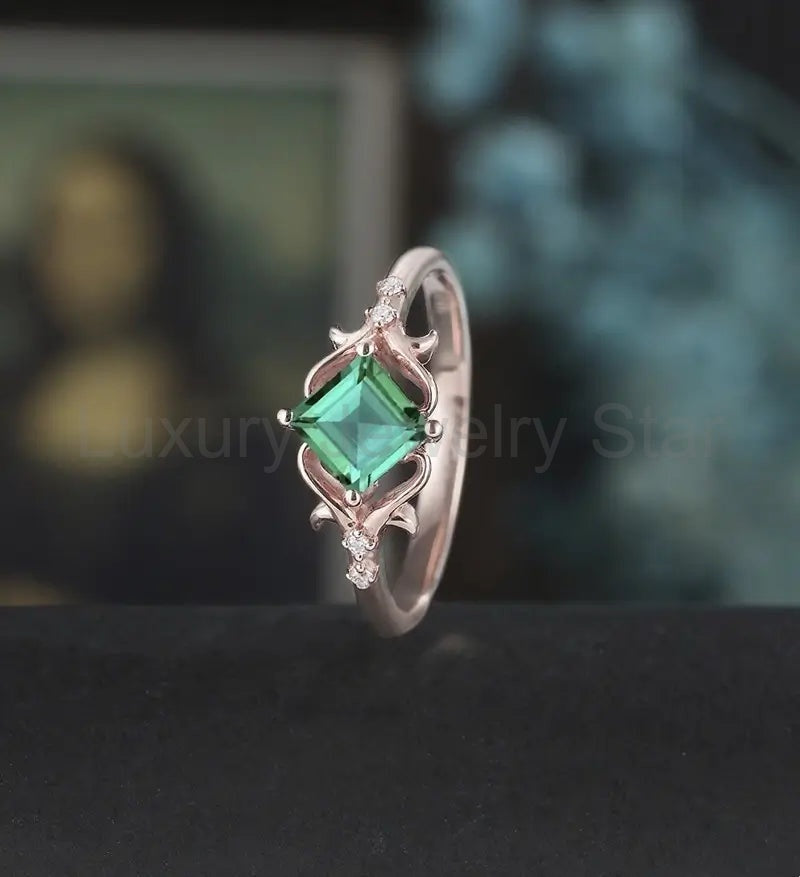 Princess Cut Lab Emerald Engagement Ring Art Deco Moissanite Anniversary Ring Prong Set - image 4