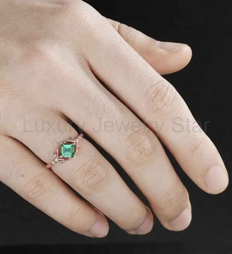 Princess Cut Lab Emerald Engagement Ring Art Deco Moissanite Anniversary Ring Prong Set - image 5