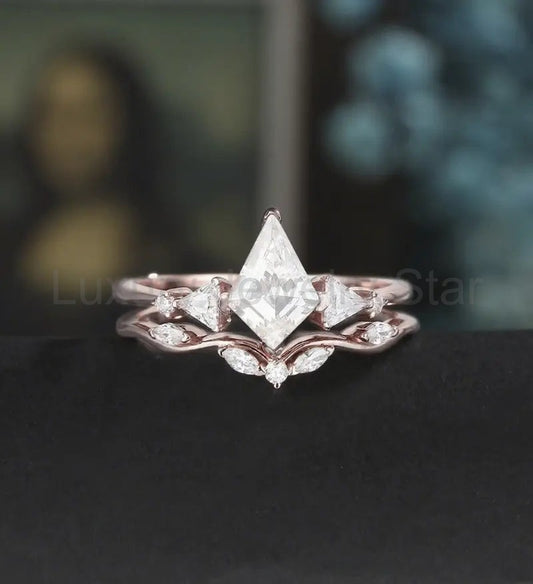 Kite Cut Moissanite Engagement Ring Set Solid Gold Diamond Bridal Set Anniversary Lab Diamond