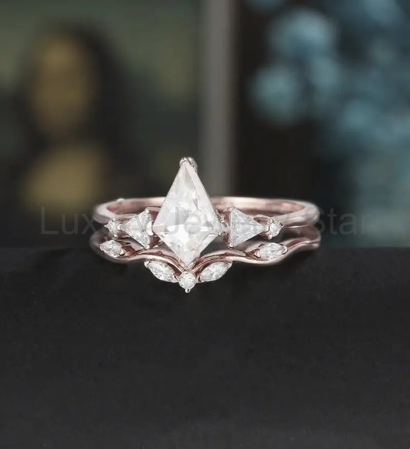 Kite Cut Moissanite Engagement Ring Set Solid Gold Diamond Bridal Set Anniversary Lab - image 3