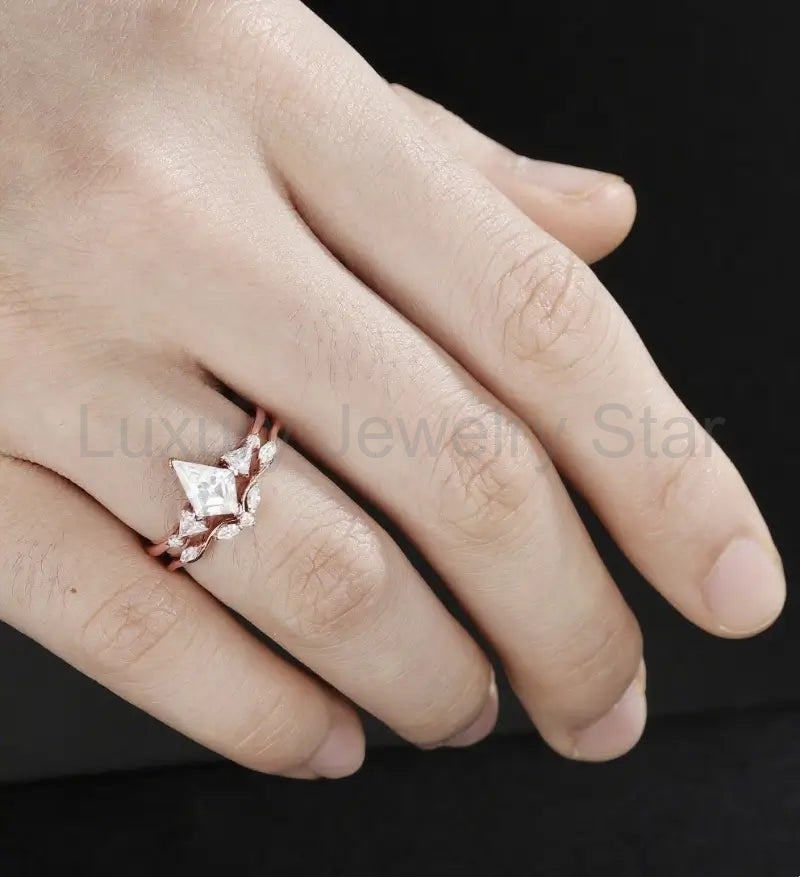 Kite Cut Moissanite Engagement Ring Set Solid Gold Diamond Bridal Set Anniversary Lab - image 5