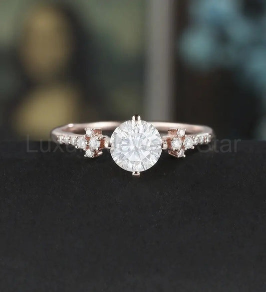 6mm Round Cut Moissanite Engagement Ring Unique Diamond Cluster Wedding Ring Women Vintage Rose Gold