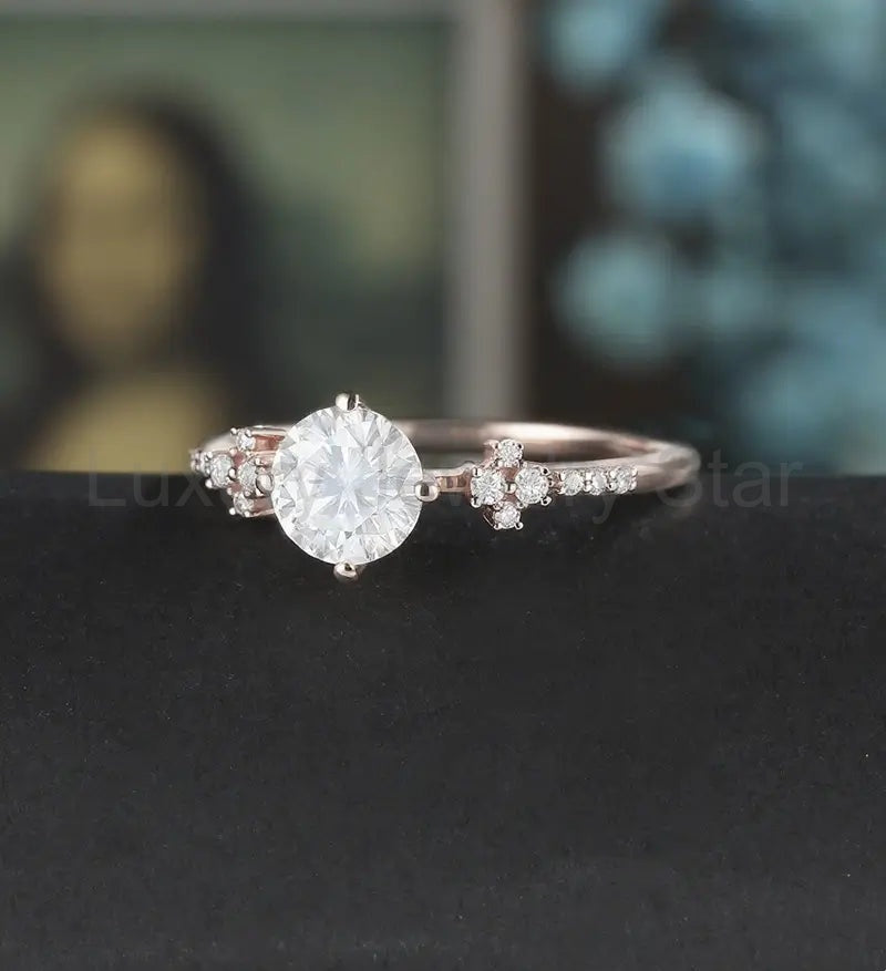 6mm Round Cut Moissanite Engagement Ring Unique Diamond Cluster Wedding Ring Women Vintage - image 2