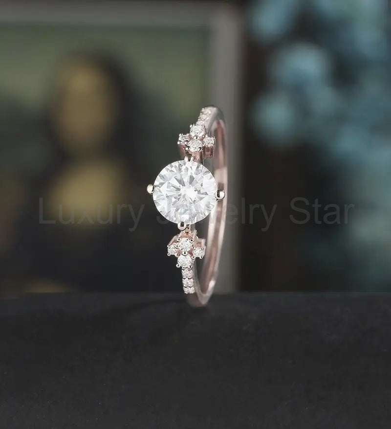 6mm Round Cut Moissanite Engagement Ring Unique Diamond Cluster Wedding Ring Women Vintage - image 4