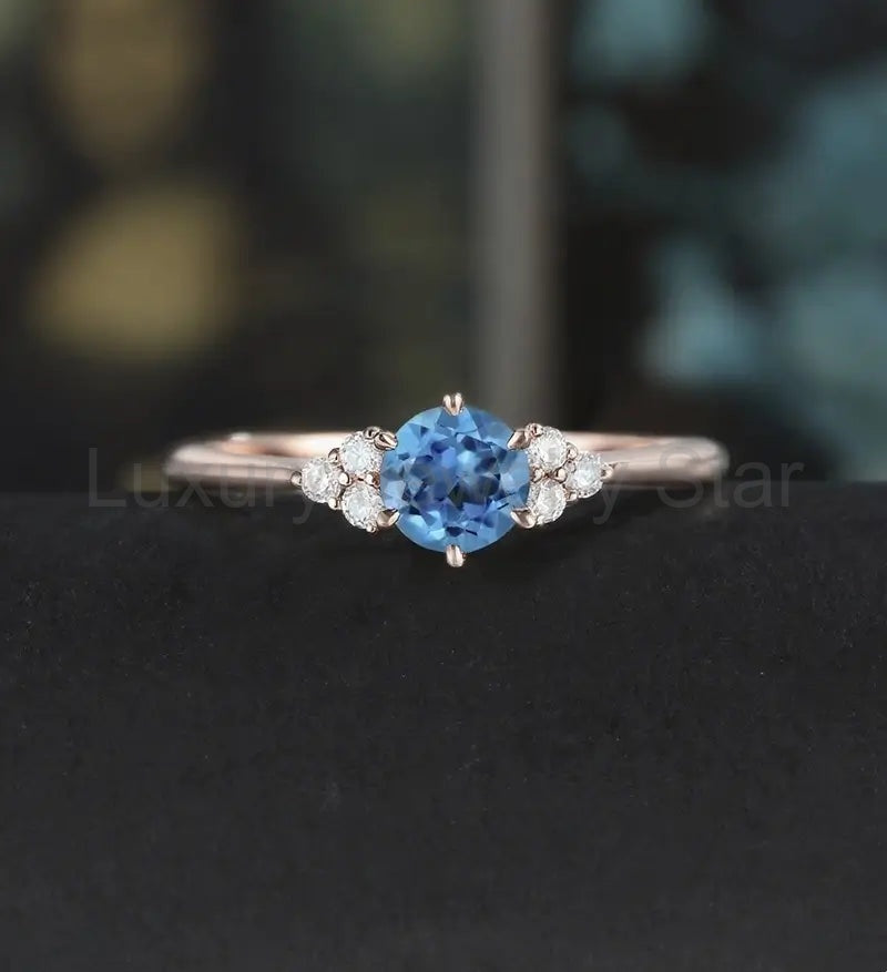 5mm Round Cut London Blue Topaz Engagement Ring Unique Rose Gold Wedding Ring Vintage Prong Set