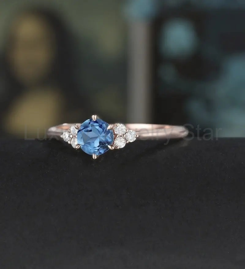 5mm Round Cut London Blue Topaz Engagement Ring Unique Rose Gold Wedding Ring Vintage - image 2