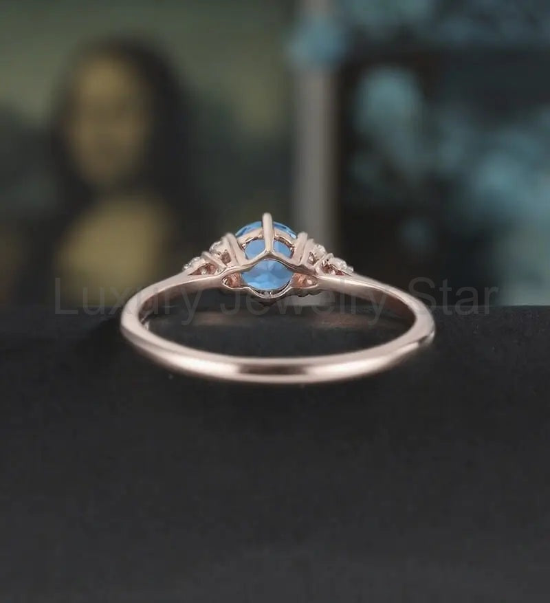 5mm Round Cut London Blue Topaz Engagement Ring Unique Rose Gold Wedding Ring Vintage - image 3