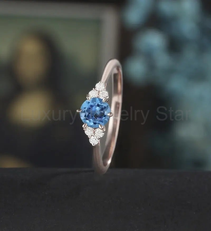 5mm Round Cut London Blue Topaz Engagement Ring Unique Rose Gold Wedding Ring Vintage - image 4