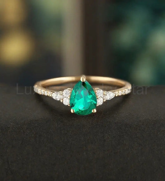Oval Cut Lab Emerald Ring Vintage Solid Gold Engagement Ring Marquise Cut Moissanite Ring Promise