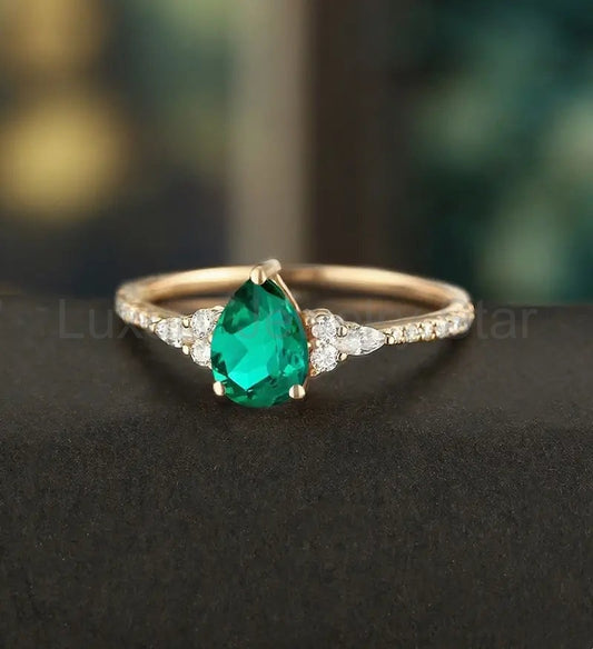 Oval Cut Lab Emerald Ring Vintage Solid Gold Engagement Ring Marquise Cut Moissanite Ring - image 2