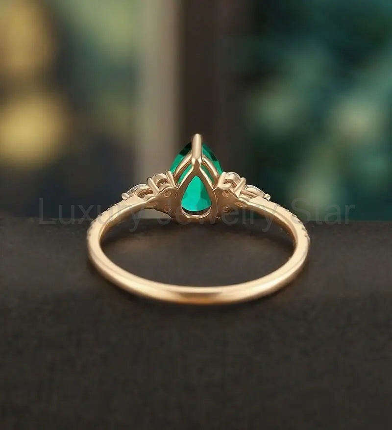 Oval Cut Lab Emerald Ring Vintage Solid Gold Engagement Ring Marquise Cut Moissanite Ring - image 3