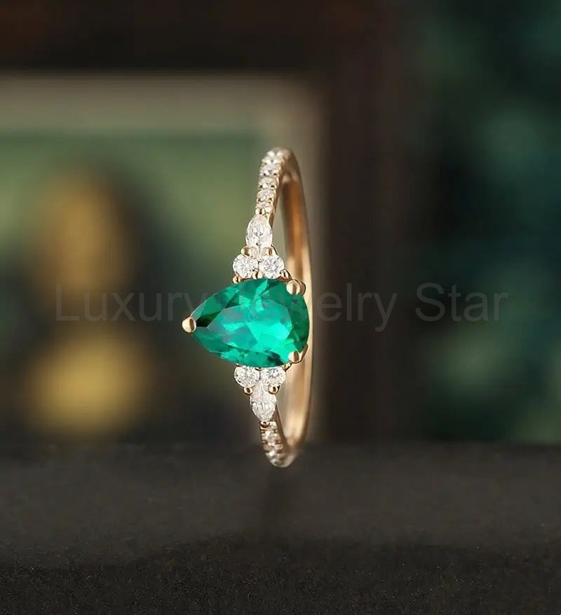 Oval Cut Lab Emerald Ring Vintage Solid Gold Engagement Ring Marquise Cut Moissanite Ring - image 4
