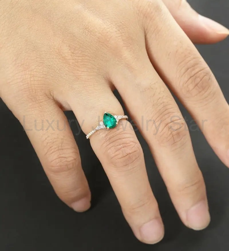 Oval Cut Lab Emerald Ring Vintage Solid Gold Engagement Ring Marquise Cut Moissanite Ring - image 5