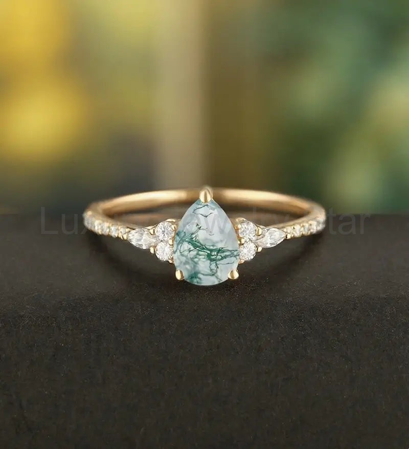 Pear Moss Agate Ring Vintage Rose Gold Engagement Ring Marquise Cut Moissanite Diamond Ring Wedding