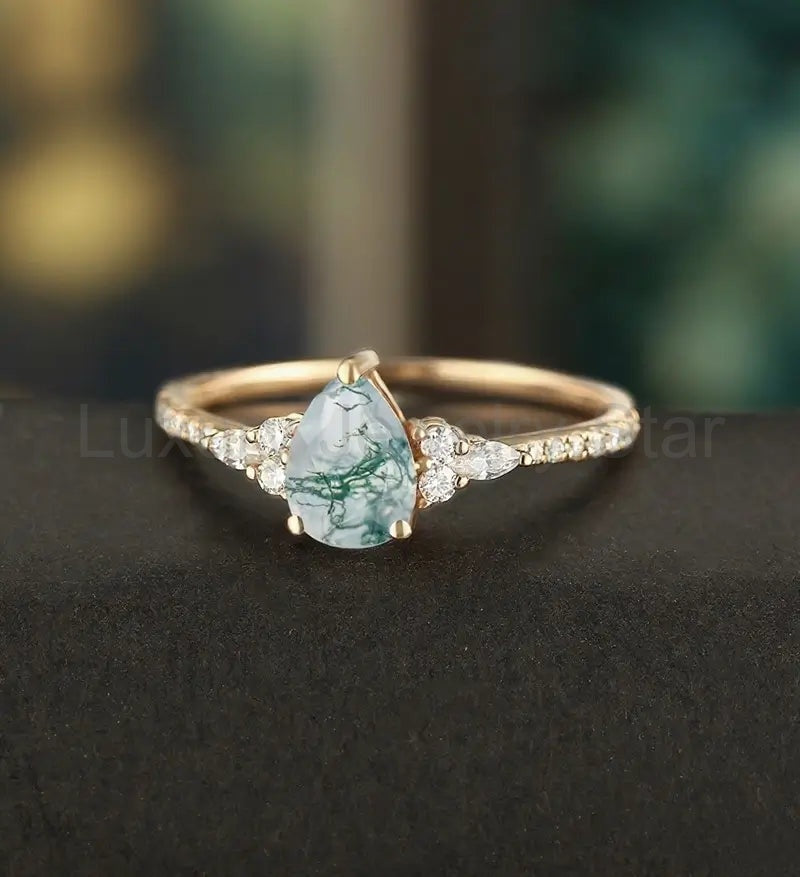 Pear Moss Agate Ring Vintage Rose Gold Engagement Ring Marquise Cut Moissanite Diamond - image 2