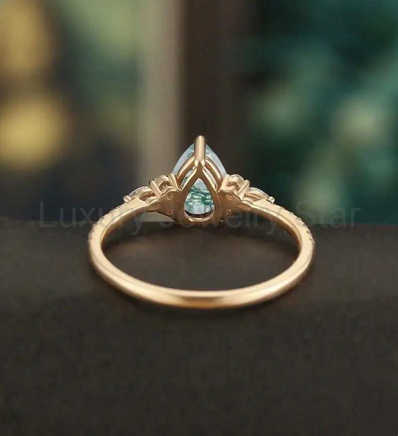Pear Moss Agate Ring Vintage Rose Gold Engagement Ring Marquise Cut Moissanite Diamond - image 3