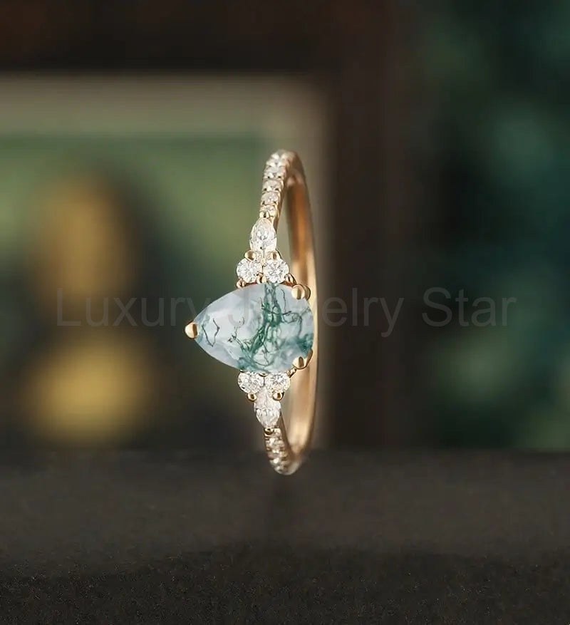 Pear Moss Agate Ring Vintage Rose Gold Engagement Ring Marquise Cut Moissanite Diamond - image 4