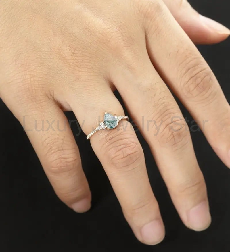 Pear Moss Agate Ring Vintage Rose Gold Engagement Ring Marquise Cut Moissanite Diamond - image 5