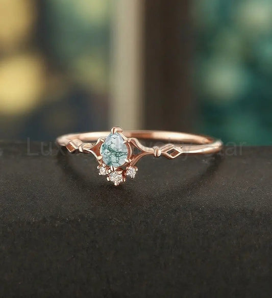 Moss Agate Engagement Ring Pear Shaped Solid Gild Ring Vintage Wedding Ring Bridal Promise - image 2