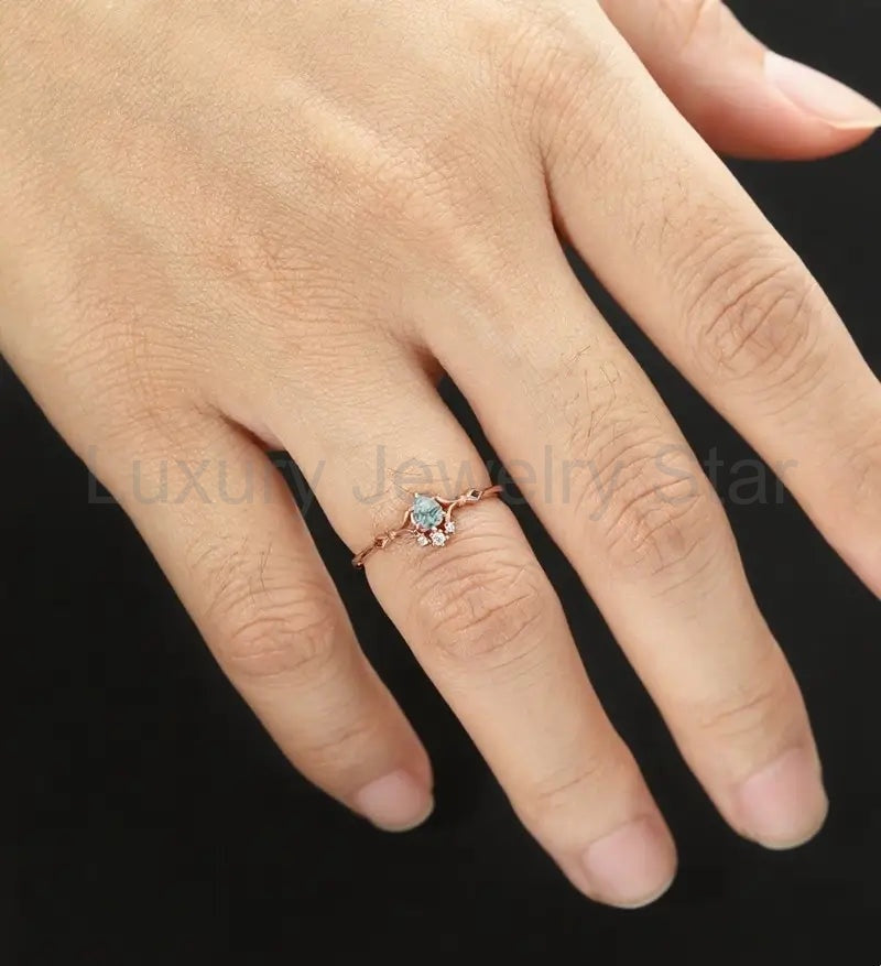 Moss Agate Engagement Ring Pear Shaped Solid Gild Ring Vintage Wedding Ring Bridal Promise - image 5