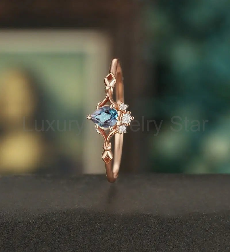 Lab Alexandrite Engagement Ring Pear Shaped Solid Gild Ring Vintage Wedding Ring Bridal - image 3