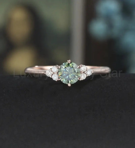 5mm Round Cut Green Moissanite Engagement Ring Unique White Gold Wedding Ring Vintage Promise