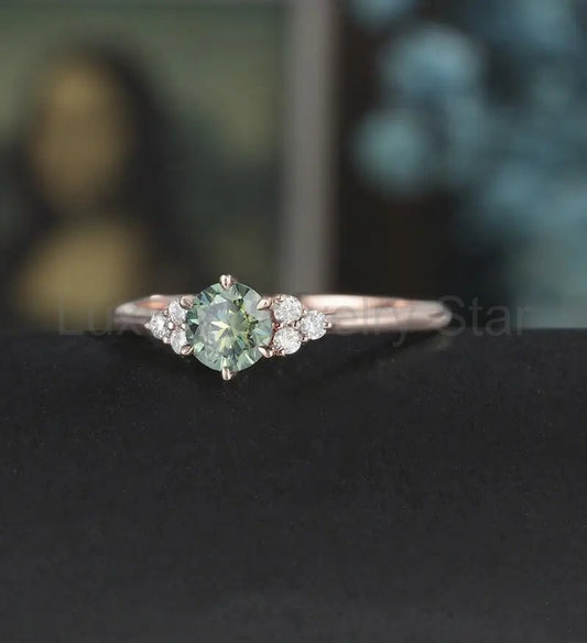 5mm Round Cut Green Moissanite Engagement Ring Unique White Gold Wedding Ring Vintage - image 2