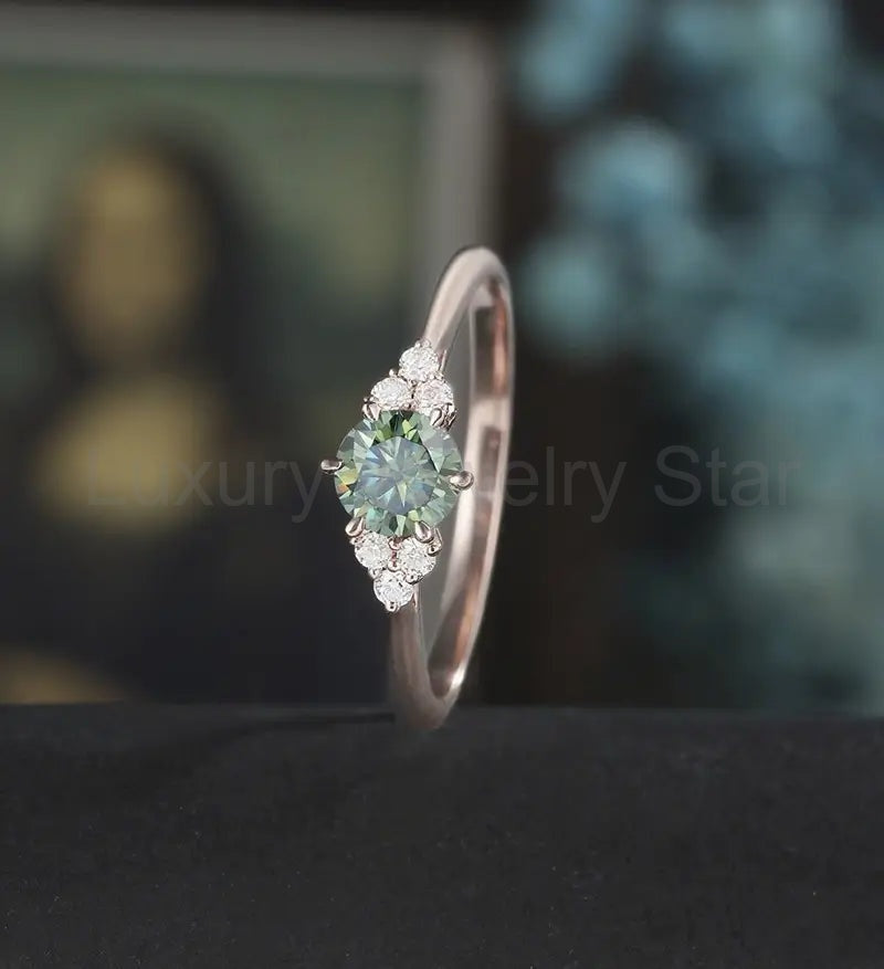 5mm Round Cut Green Moissanite Engagement Ring Unique White Gold Wedding Ring Vintage - image 4