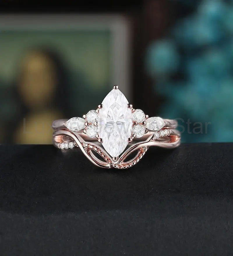 Marquise Cut Engagement Ring Set Solid Gold Moissanite Bridal Set Anniversary Diamond Wedding Ring