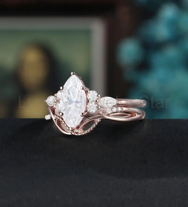 Marquise Cut Engagement Ring Set Solid Gold Moissanite Bridal Set Anniversary Diamond - image 2