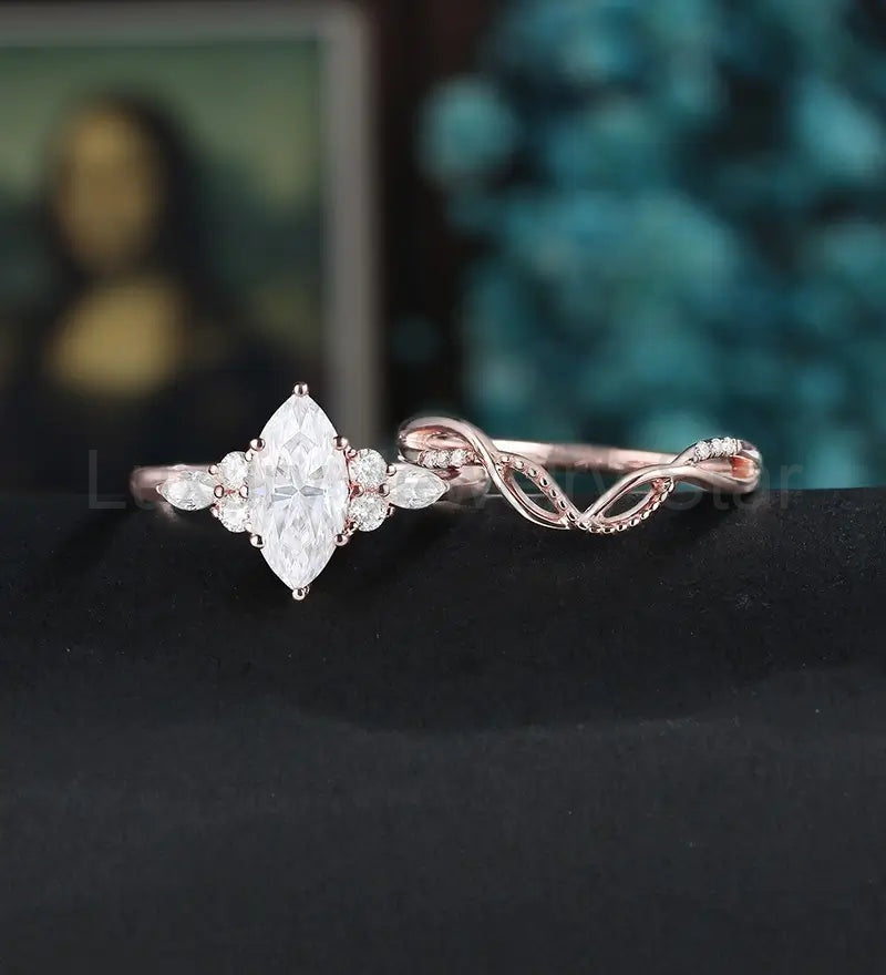 Marquise Cut Engagement Ring Set Solid Gold Moissanite Bridal Set Anniversary Diamond - image 3