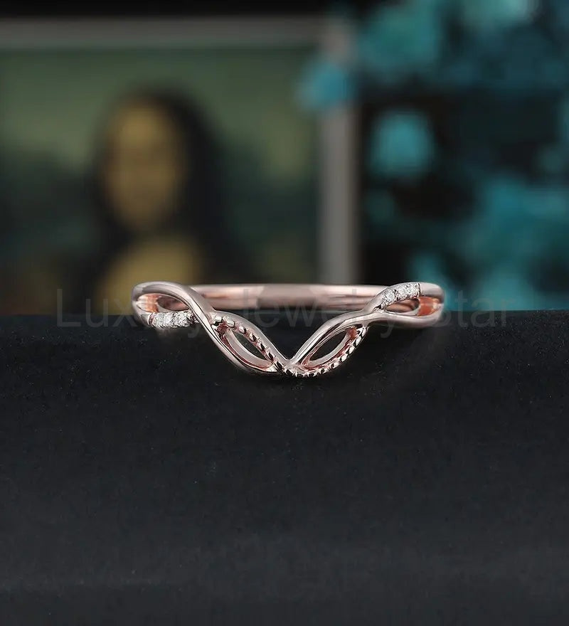Unique Curved Wedding Bnad Solid Gold Moissanite Matching Band Diamond Wedding Ring - image 4