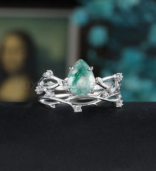 Moss Agate Engagement Ring Set Solid Gold Bridal Set Anniversary Moissanite Diamond Wedding Ring