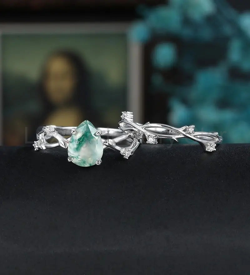 Moss Agate Engagement Ring Set Solid Gold Bridal Set Anniversary Moissanite Diamond - image 2