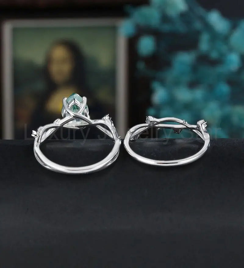Moss Agate Engagement Ring Set Solid Gold Bridal Set Anniversary Moissanite Diamond - image 4