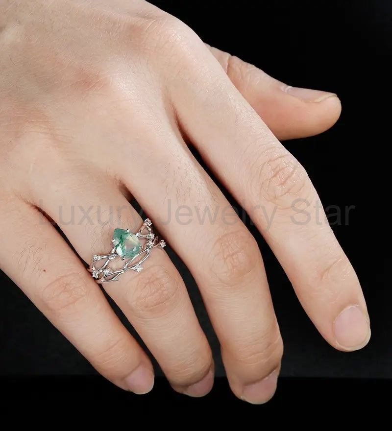 Moss Agate Engagement Ring Set Solid Gold Bridal Set Anniversary Moissanite Diamond - image 5