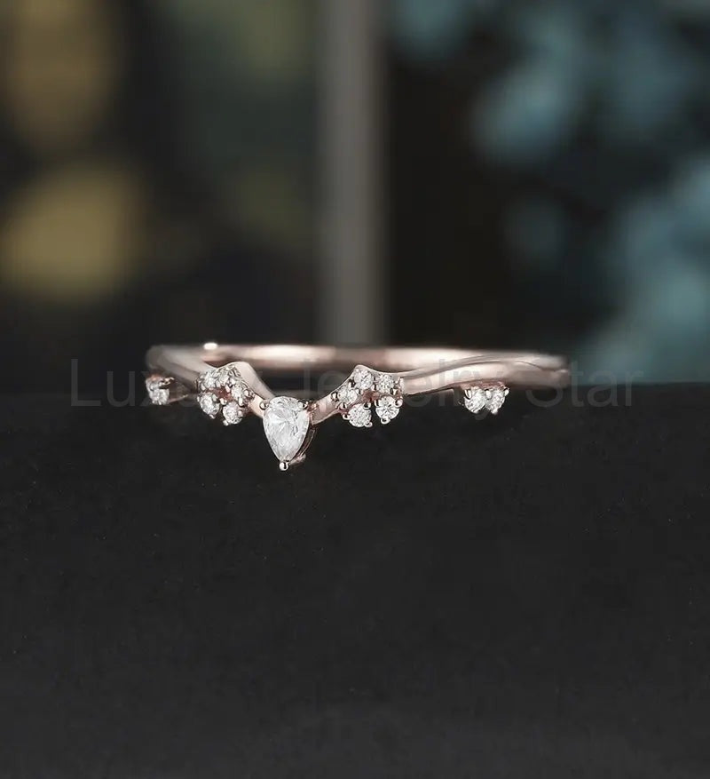 Curved Moissanite Wedding Bnad Solid Gold Marquise Matching Band Diamond Wedding Ring - image 2