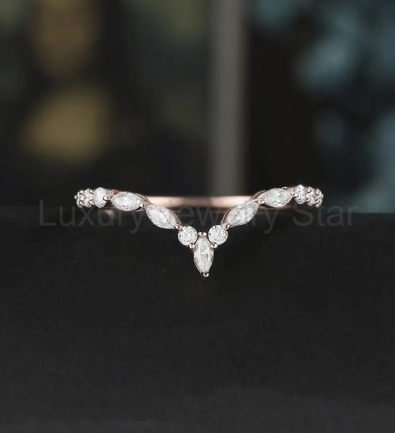 Curved Marquise Moissanite Wedding Bnad Solid Gold Matching Band Diamond Ring Wedding Ring