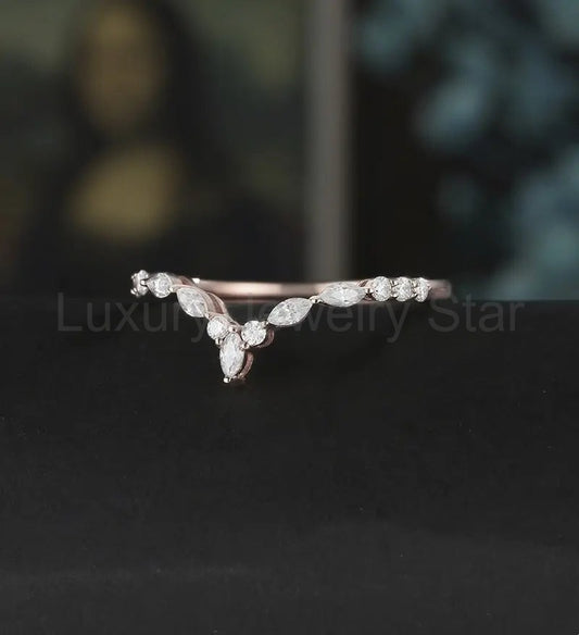 Curved Marquise Moissanite Wedding Bnad Solid Gold Matching Band Diamond Ring Wedding Ring - image 2