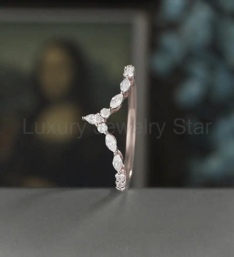 Curved Marquise Moissanite Wedding Bnad Solid Gold Matching Band Diamond Ring Wedding Ring - image 4