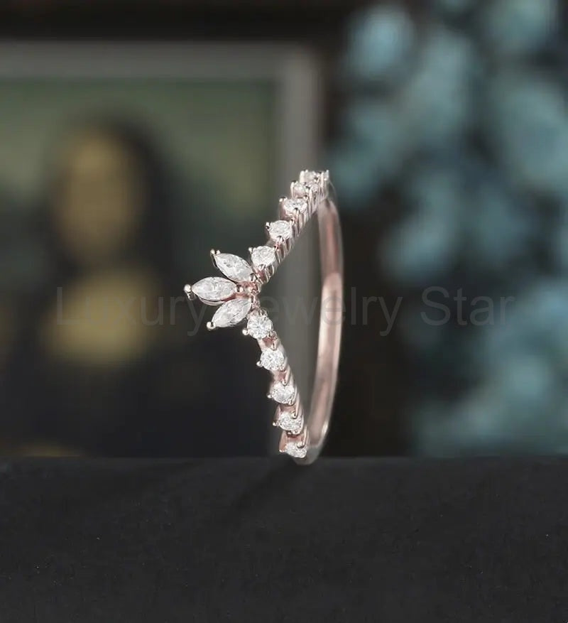 Marquise Moissanite Wedding Bnad Solid Gold Diamond Ring Anniversary Wedding Ring Promise - image 4