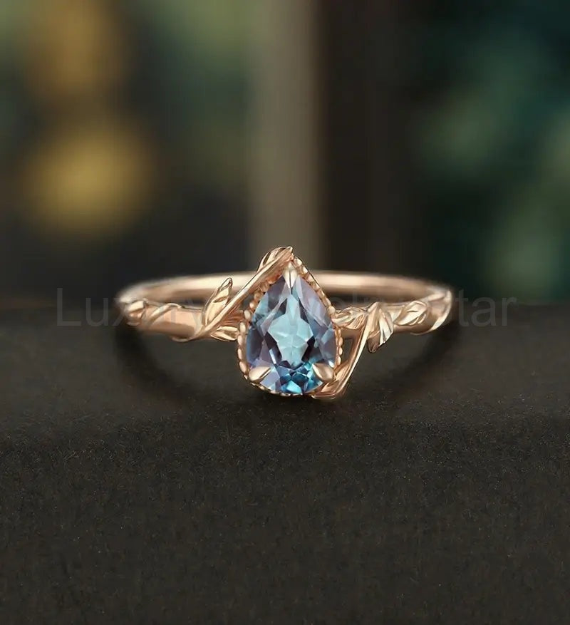 Pear Shaped Lab Alexandrite Engagement Ring Solid Gold Moissanite Promise Ring Anniversary triangle