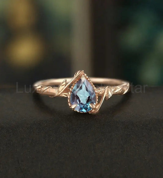 Pear Shaped Lab Alexandrite Engagement Ring Solid Gold Moissanite Promise Ring Anniversary triangle