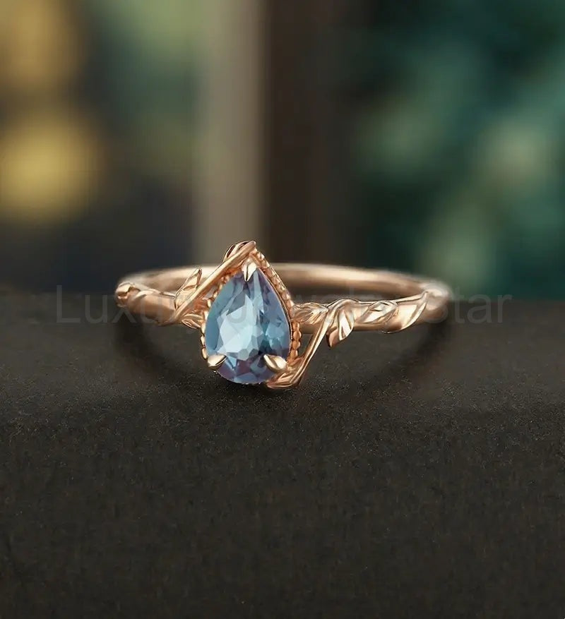 Pear Shaped Lab Alexandrite Engagement Ring Solid Gold Moissanite Promise Ring Anniversary - image 2