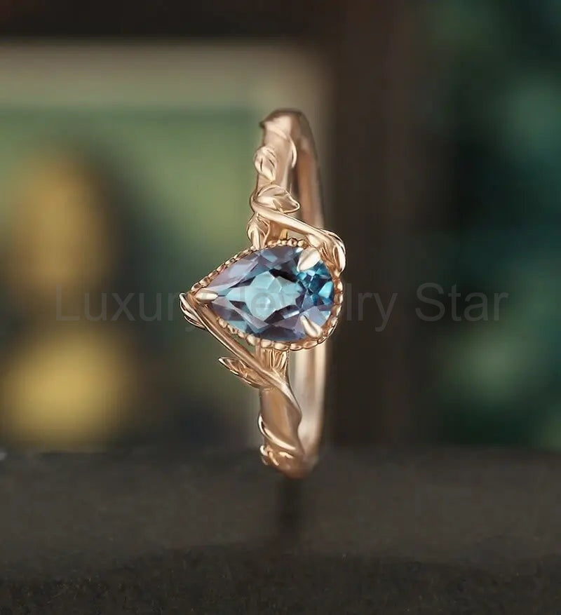 Pear Shaped Lab Alexandrite Engagement Ring Solid Gold Moissanite Promise Ring Anniversary - image 4
