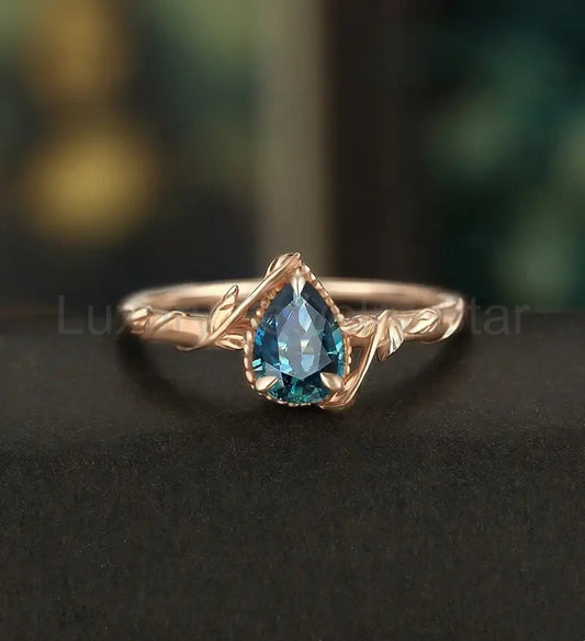 Pear Shaped Teal Sapphire Engagement Ring Solid Gold Moissanite Promise Ring Anniversary triangle